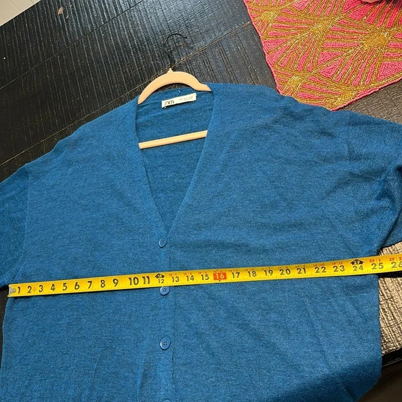Zara Wool Alpaca Blend V-Neck Oversized Lightweight Cardigan teal blue sz medium - Picture 7 of 9